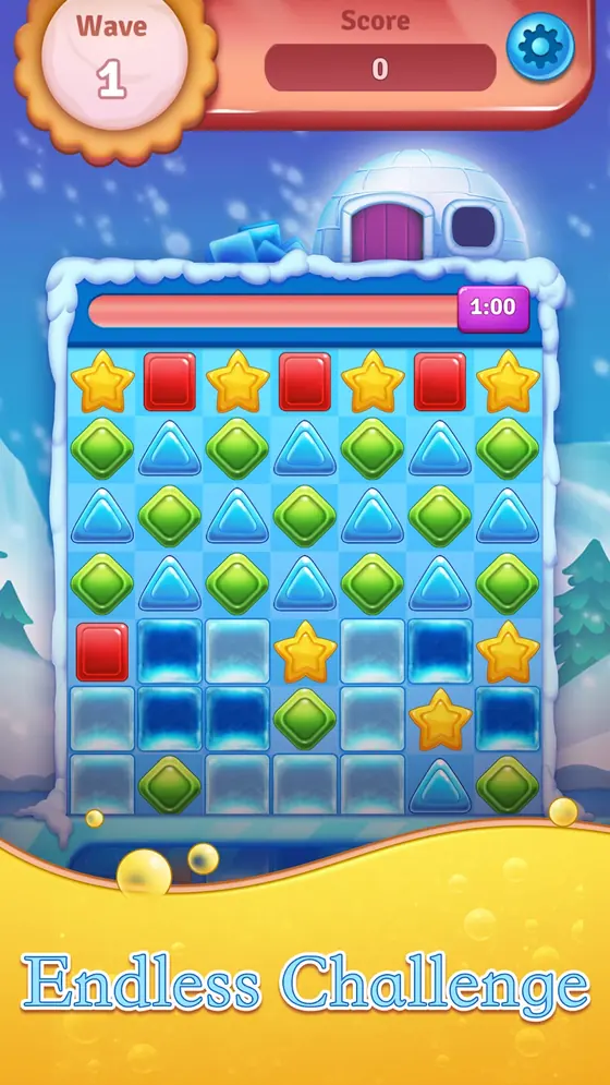 Candy Blast timed wave: a tall board of stars and jelly blocks with a one-minute counter