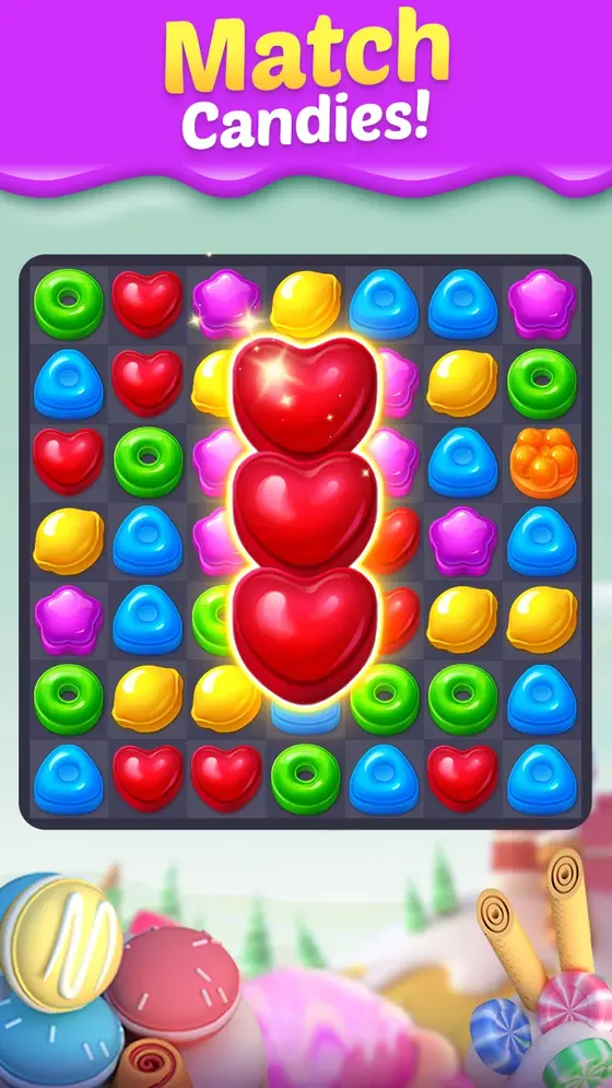 Candy Smash Mania board with a vertical line of heart sweets lining up for a clear