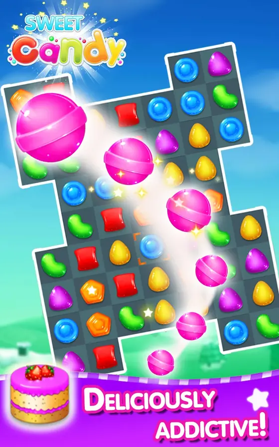 Sweet Candy gameplay: a wide board of lollipops and jelly pieces above a decorated cake tile