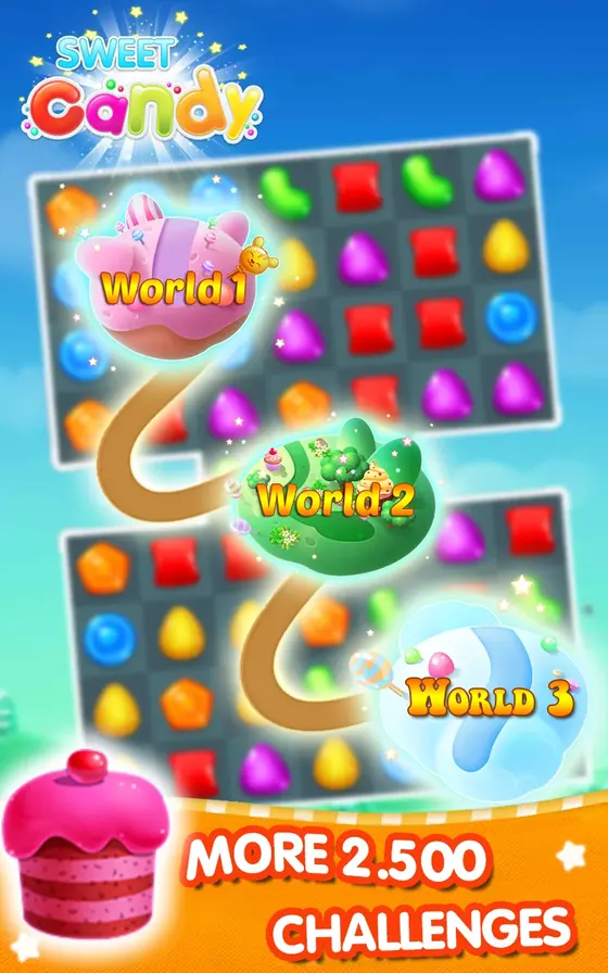 Sweet Candy progress map linking World 1, World 2 and World 3 along a curving path